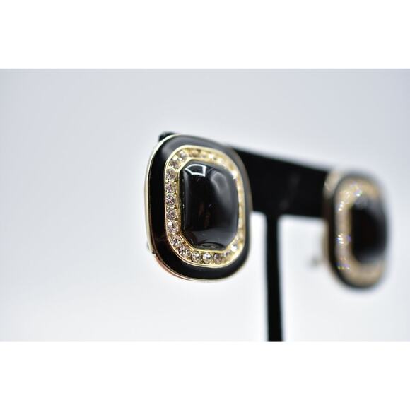 Vintage Earrings Sparkling Rhinestone Crystal Statement Black Enamel Thick Bin8 - Picture 4 of 10